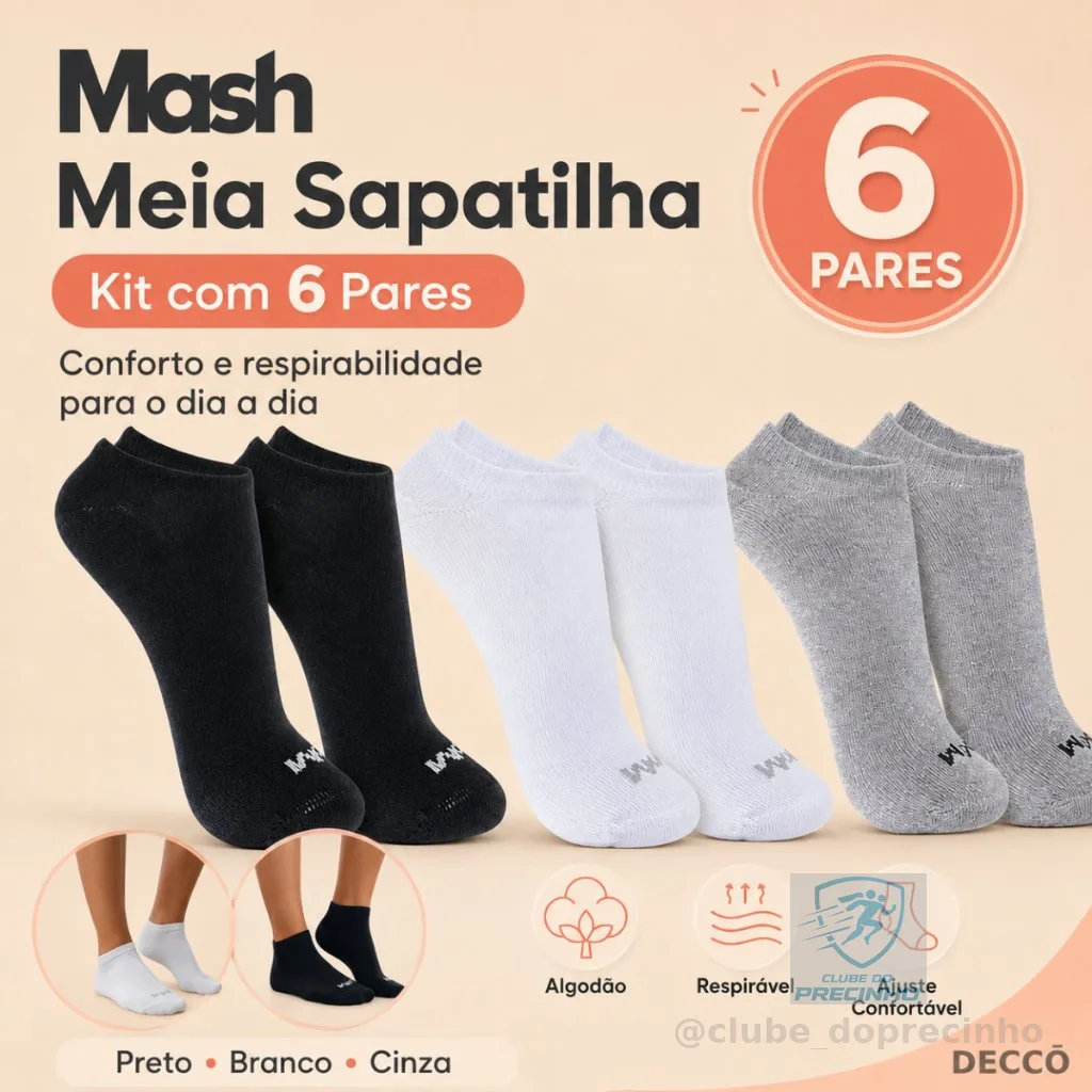 Kit Com 6 Pares de Meias Sport Mash Cano Curto em Algodao Unissex Para Corrida Caminhada