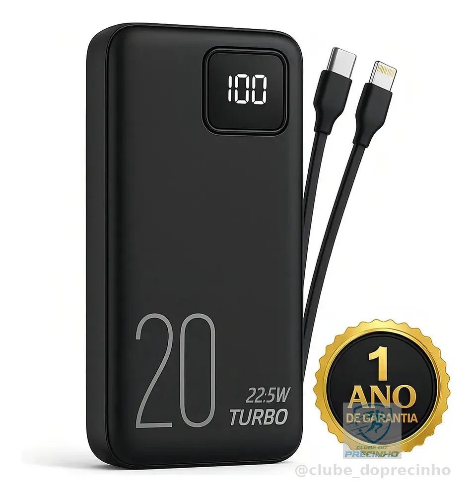 Carregador Portátil Power Bank Turbo 20000mah 22.5w universal para iphone samsung motorola xiaomi Com Display Digital DTimp