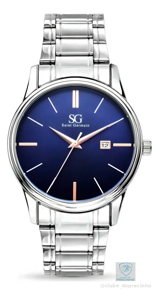 Relógio Masculino Clássico Pulseira Prata Correia Prateada Bisel Prateado Fundo Azul Marinho Saint Germain 42mm Elegante Detalhes Bronze