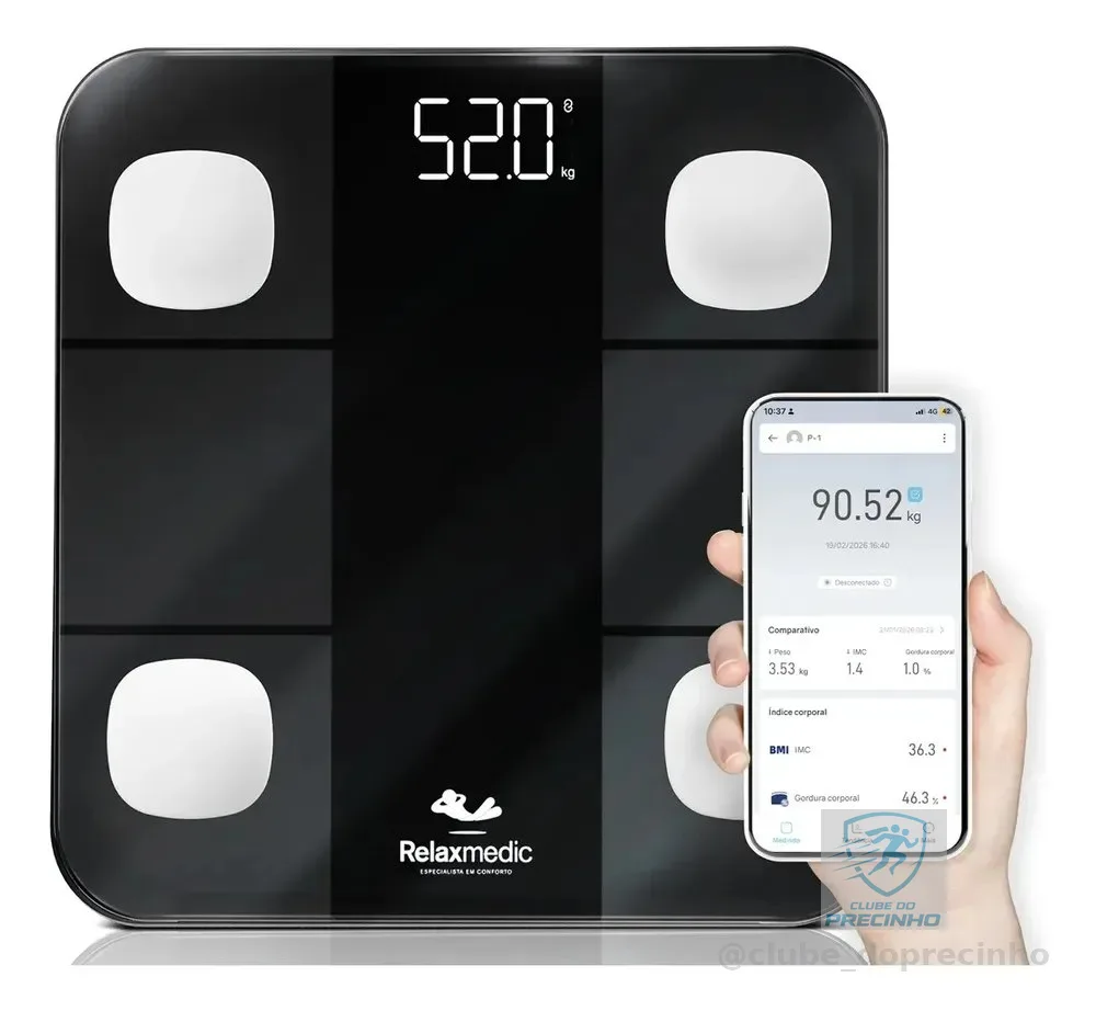 Balança Digital Corporal Bioimpedância Aplicativo Bluetooth Relaxmedic