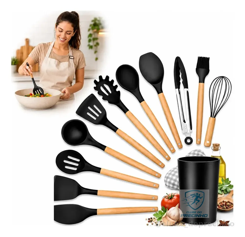 Kit Utensilios Cozinha Silicone Madeira 12 Pcs Preto
