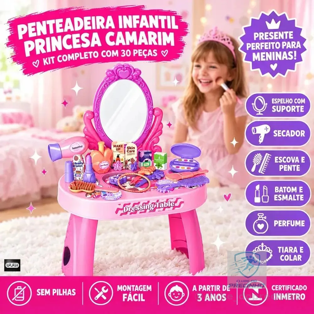 Penteadeira Infantil Princesa Camarim Com Espelho Kit Completo 30 Peças Salão De Beleza Brinquedo Menina Vaidosa Acessórios Escova Pente Tiara Rosa Presente Faz De Conta Criança UGGLA