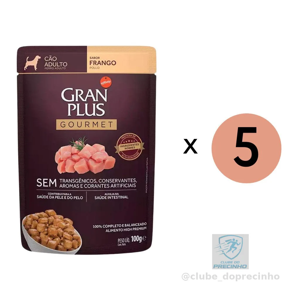 Kit 5 Ração Úmida Gran Plus Gourmet Cães Adultos Frango Sachê 100Gr