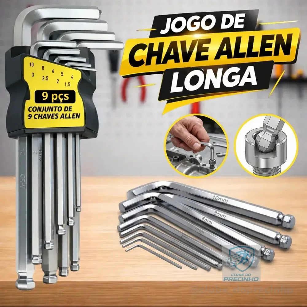 Kit Jogo Chave Allen Hexagonal L Longa 9 Peças 1,5 A 10 Mm Uso Profissional E Doméstico Kit Completo