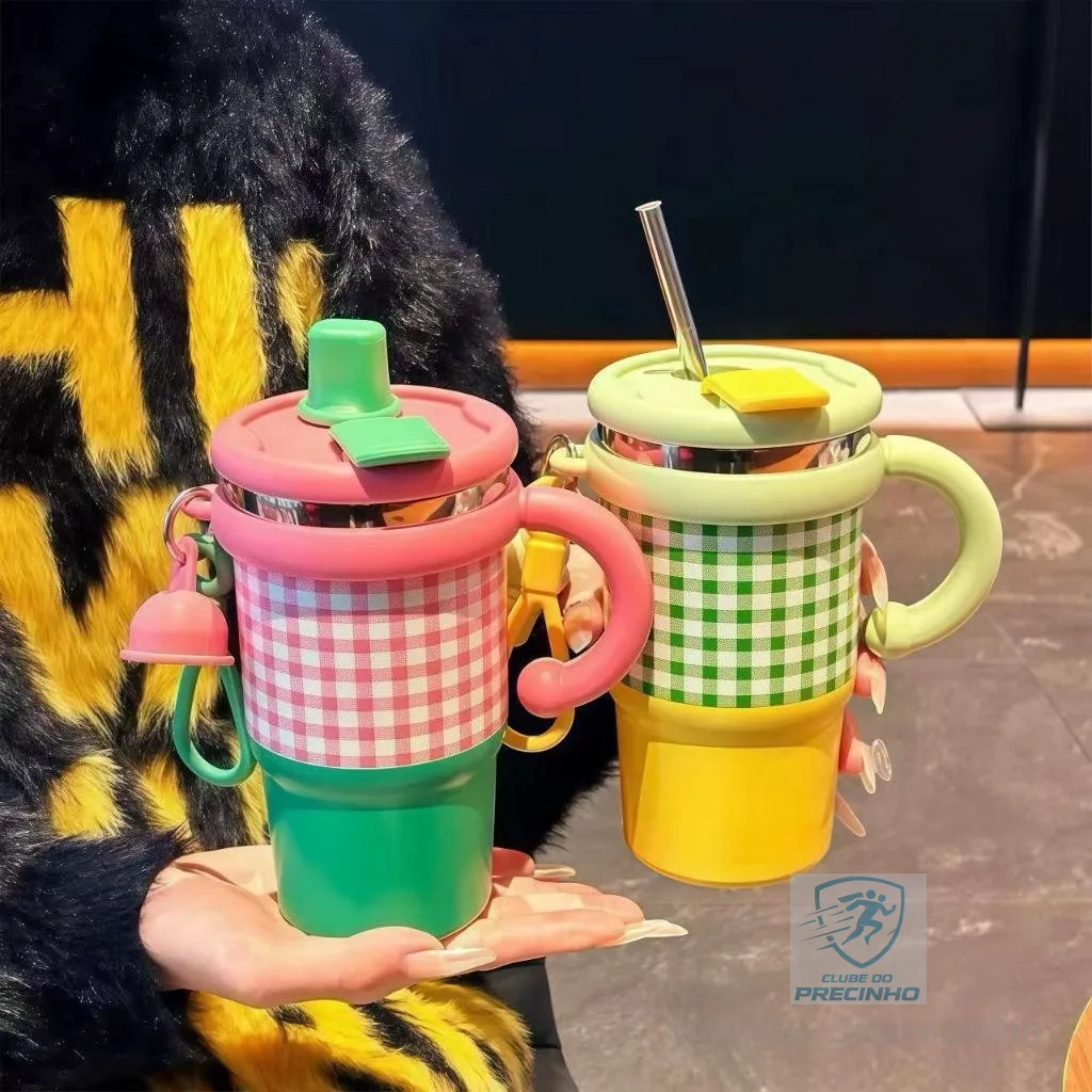 Copo Caneca Garrafa Térmico Inox Portátil 500ml com Canudo Alça e Tampa desenho Xadrez Para Cafe