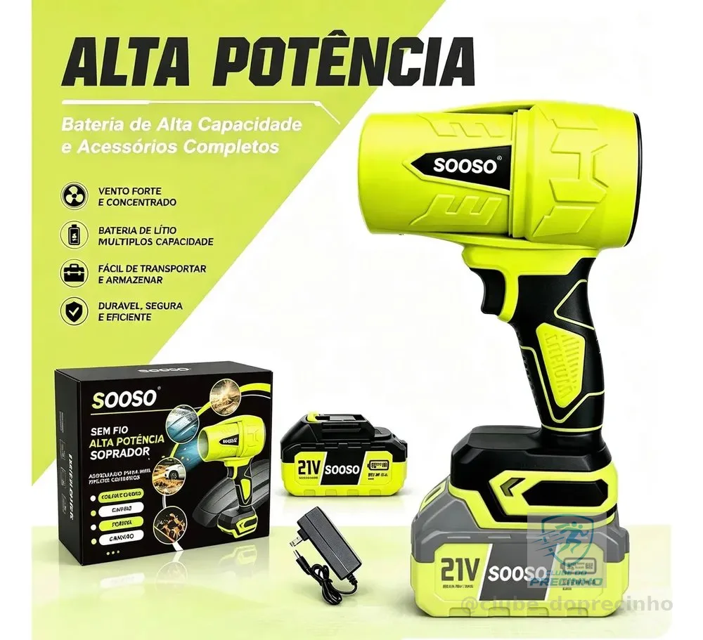 Sooso Soprador de Ar Potente 21V Sem Fio a Bateria Portátil para Secagem Automotiva Limpeza Casa Jardim Folhas Eletrônicos