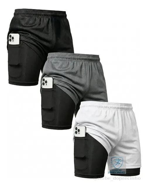 Kit 3 Shorts 2 Em 1 Duplo Bolso Para Academia Treino Corrida