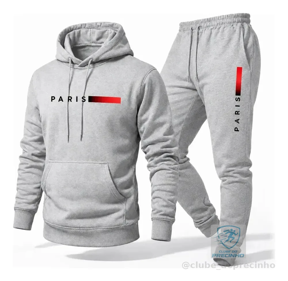 Conjunto Moletom Calça Unissex Paris Canguru Casaco Frio G Cinza + Calça Cinza