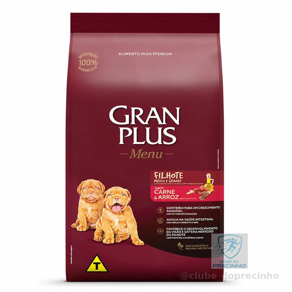 Ração GranPlus Menu Cães Filhotes Médio e Grande Carne e Arroz 3kg Alimento Premium Completo Crescimento Saudável