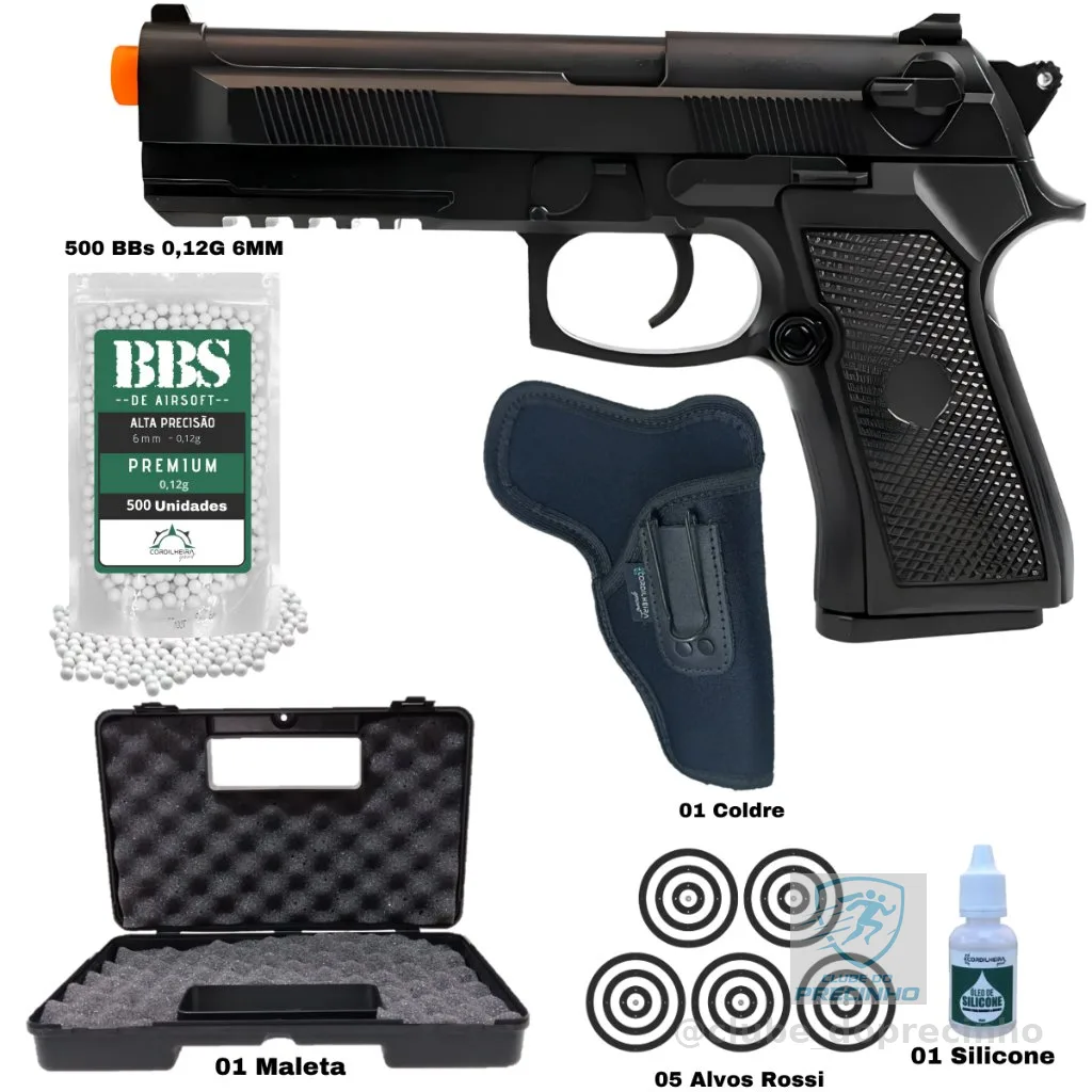 Pistola de Airsoft Rossi Pt92 V21 Spring Mola 6mm Acessórios Completos BBs Alvo M92
