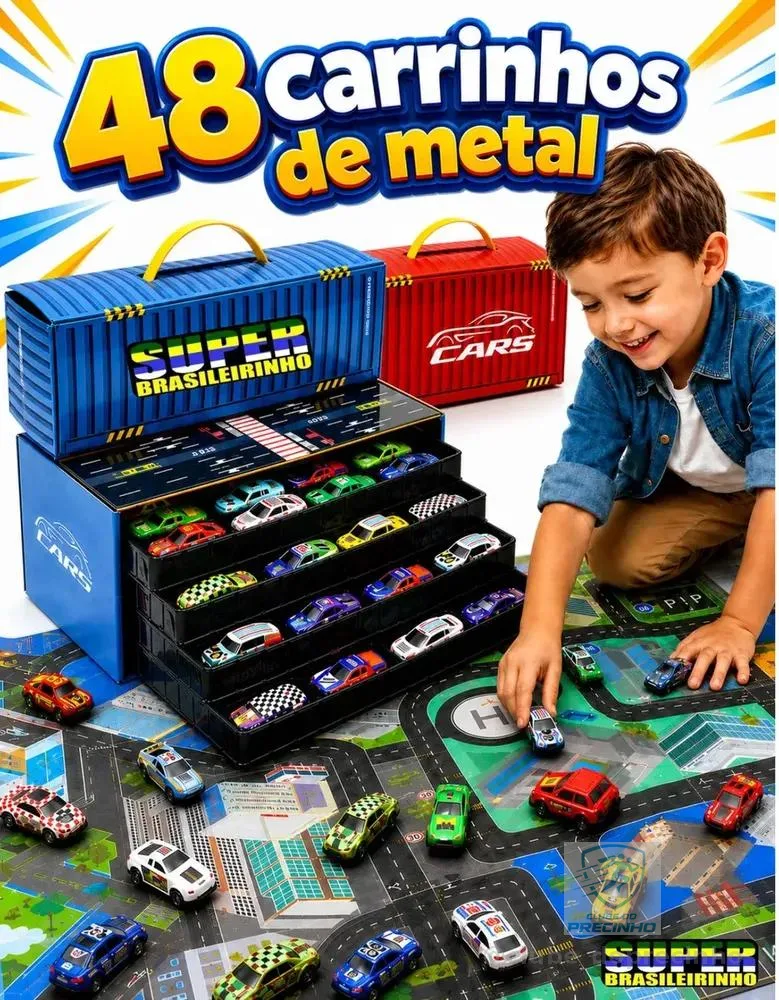 Maleta 48 Carrinhos + Tapete Pista 40x60 Estacionamento Brinquedo Infantil Presente Criança - Super Brasileirinho