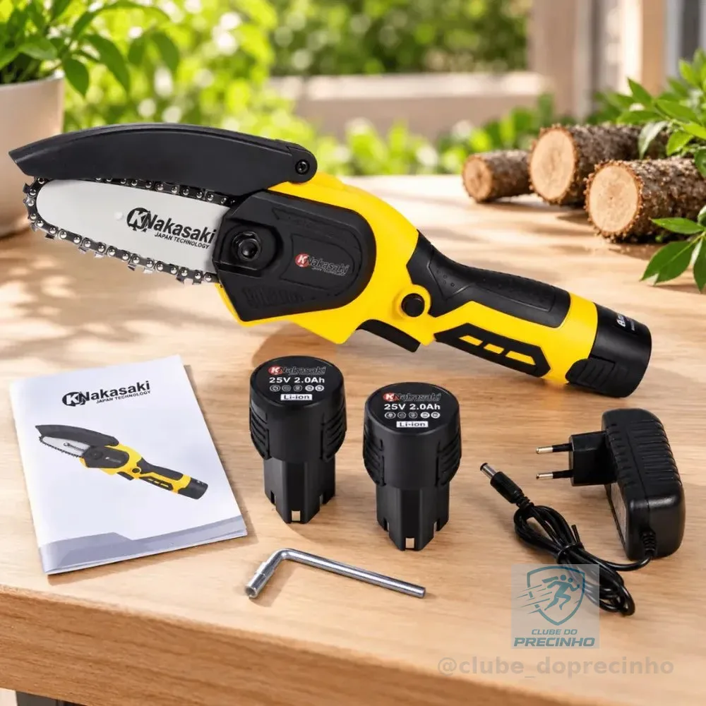 Mini Motosserra Nakasaki 25v 800w Profissional 2 Baterias Amarelo 127/220v
