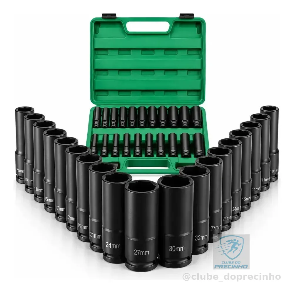 Jogo Soquete Longo Sextavado Impacto 1/2 8 A 32 Mm 15pcs Preto vlx jogo Soquete Longo Sextavado Impacto 1/2 8 A 32 Mm 15pcs