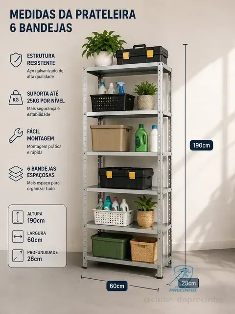Estante Prateleira De Aço Galvanizado 6 Bandejas 60cm