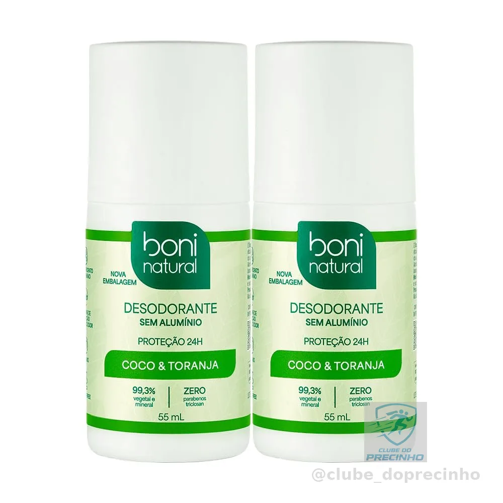 BONI NATURAL - Desodorante Roll-On sem Alumínio, Natural, Vegetal e Vegano, Coco e Toranja, 55ml, 2 unidades Leve Mais Pague Menos