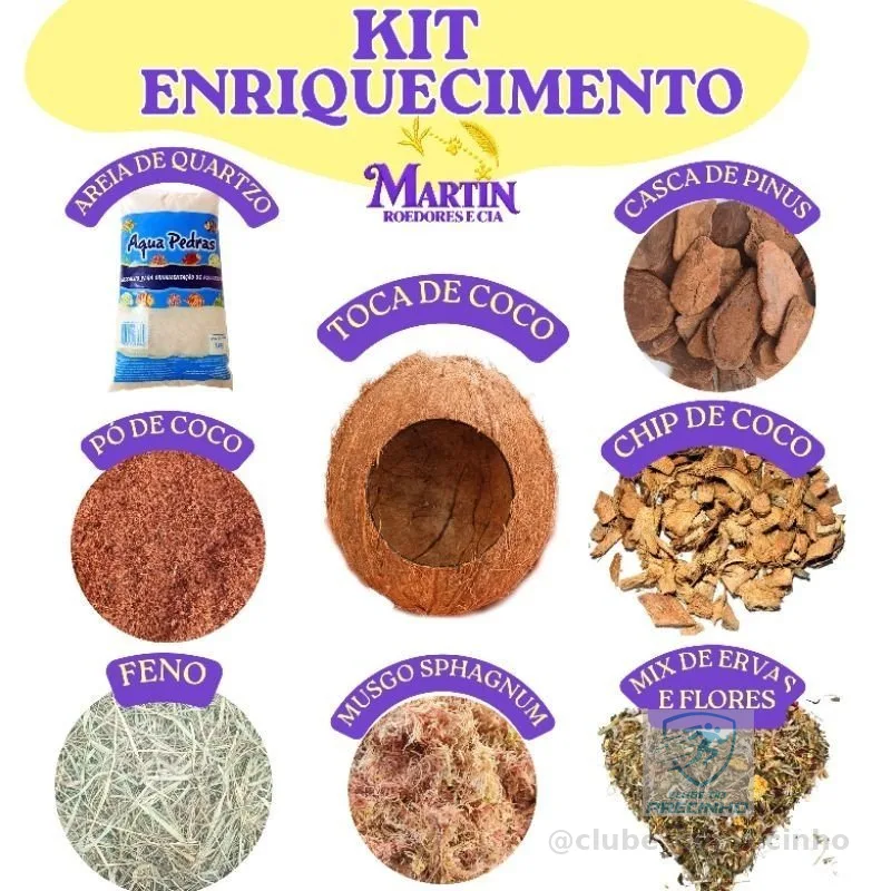 Kit Enriquecimento ambiental, toca de coco,pó de coco, areia de quartzo,pinus, mix de ervas,hamster, gerbil,roedores