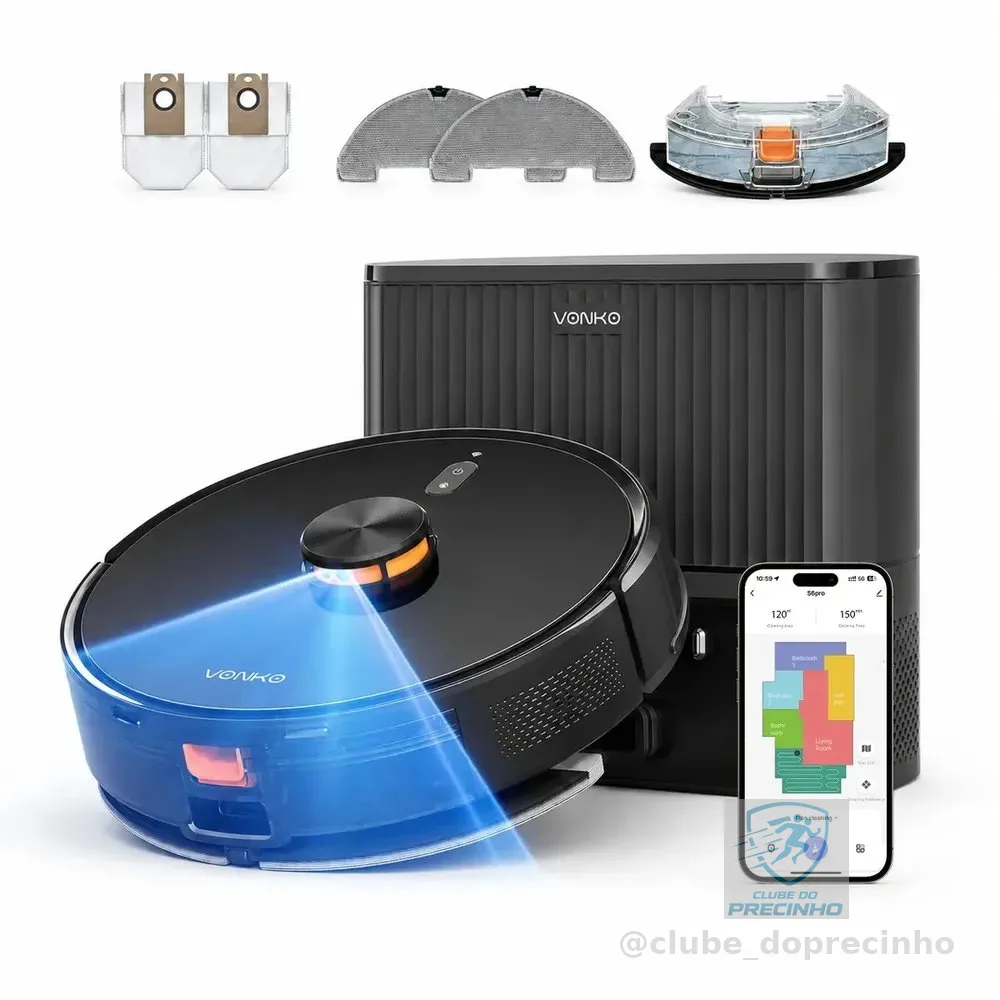 Robô Aspirador VONKO S6 Pro 8000Pa com LiDAR 2.0, Base Autoesvaziante 2.5L, Aspira e Passa Pano, App, Alexa, Google Assistant, até 180min,
