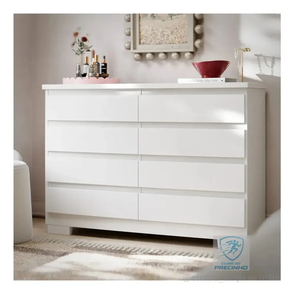 Cômoda 8 Gavetas Pés E Corrediças Telescópicas Para Quarto Grande De Casal Guarda Roupas Grécia Cor Branco.