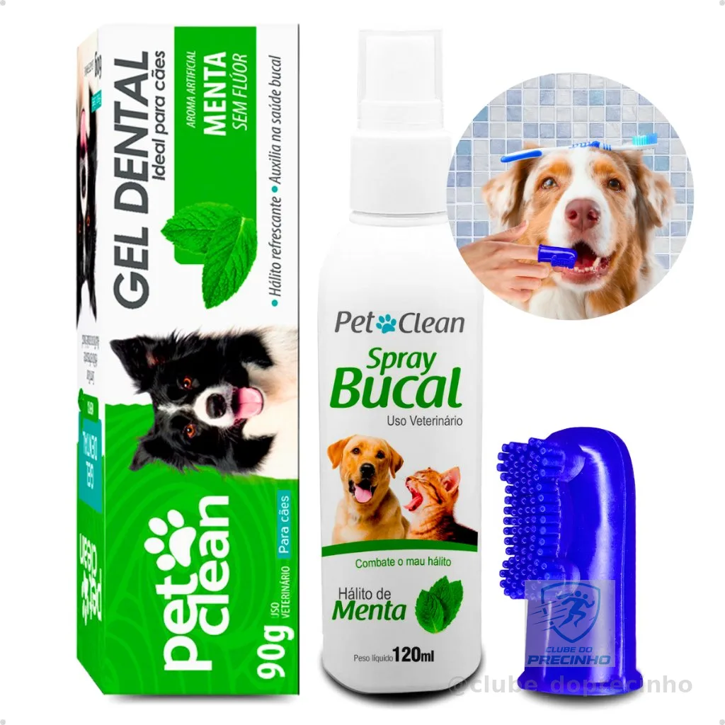 Kit Higiene Dental Pet Cachorro e Gato Gel Pasta 90g + Spray Hálito 120ml + Escova Dedeira Pet Clean