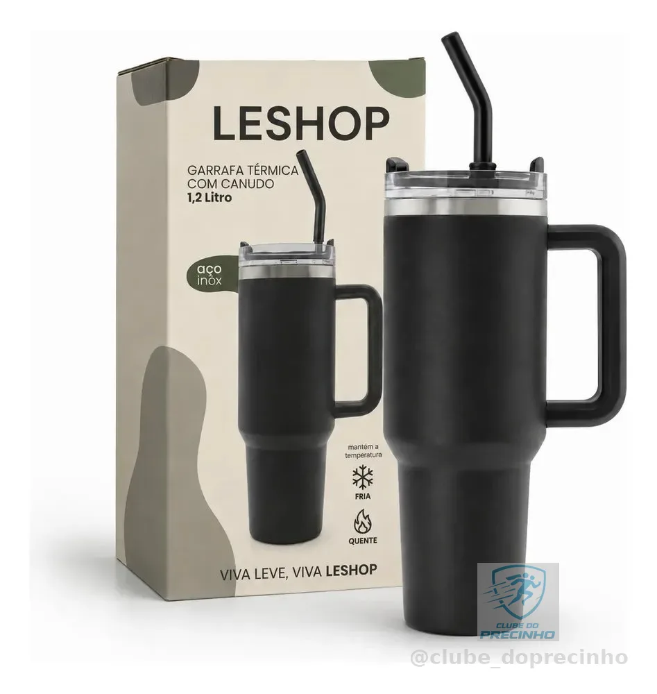 Copo Térmico 1,2l Inoxidável Tampa Canudo Inox Rosa - Leshop Preto Liso