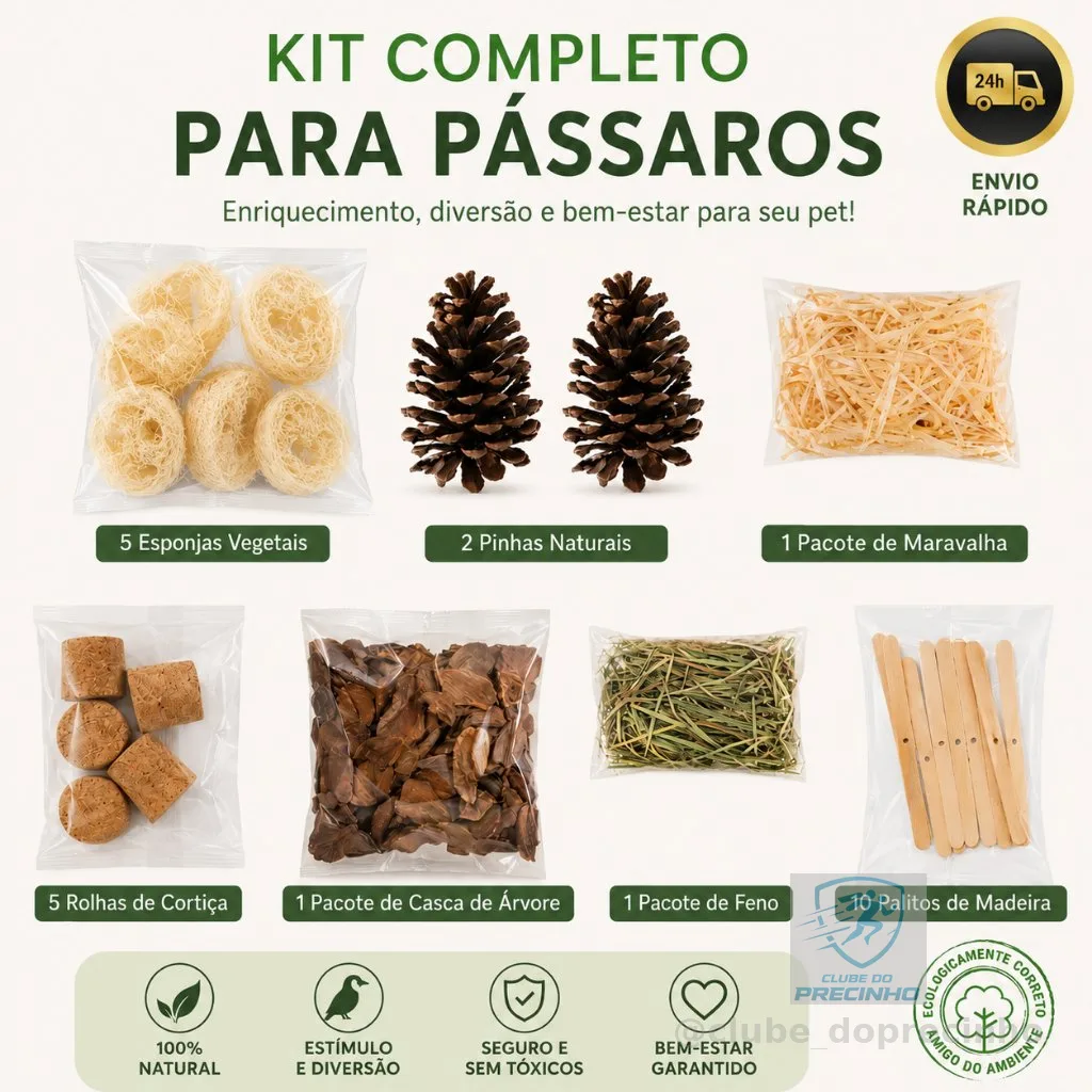 Kit Enriquecimento Ambiental Calopsitas e Aves - Pinha, Bucha, Casca, Cortiça e Feno - Orni Store
