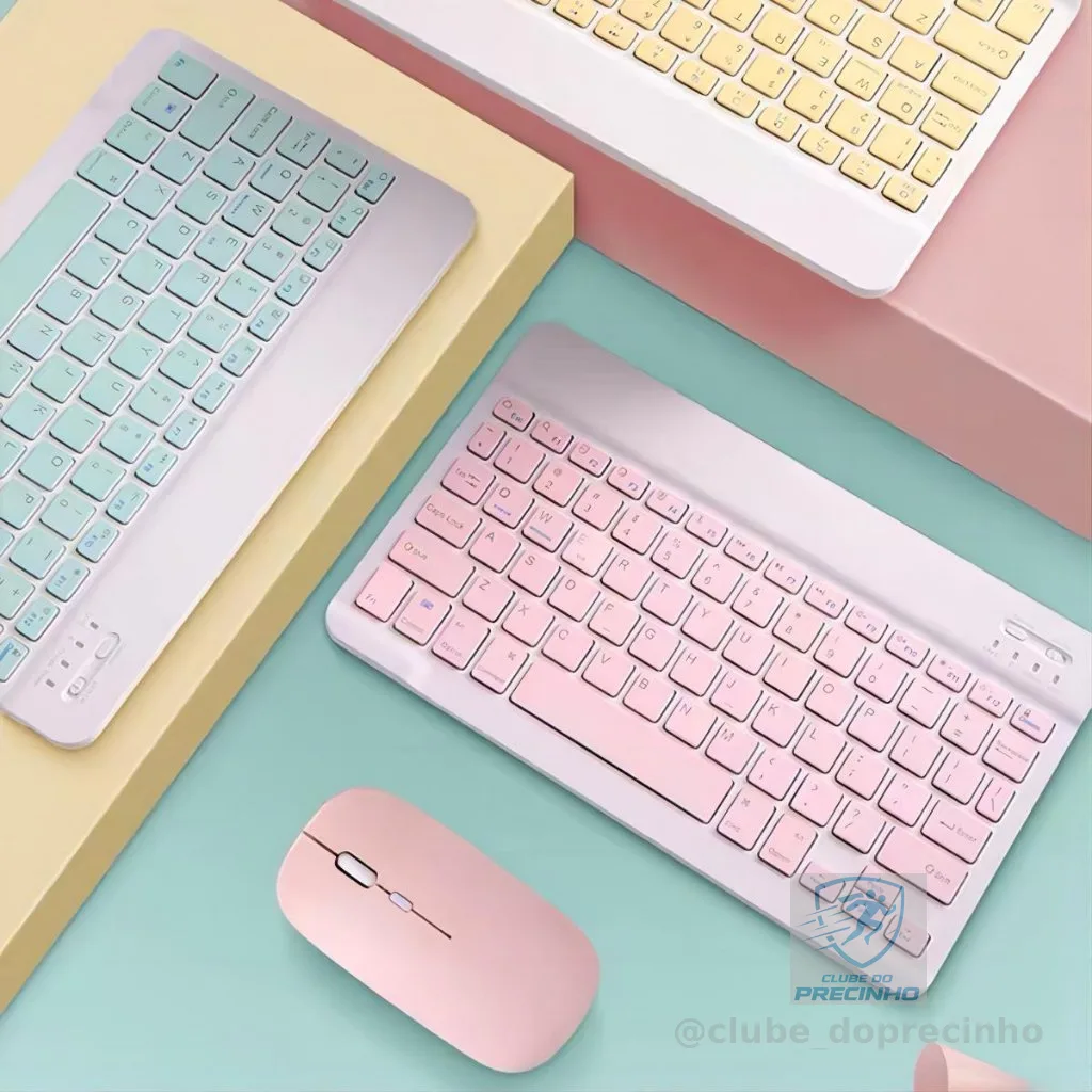 Kit Teclado e Mouse Sem Fio Bluetooth Colorido Macaron Para PC iPad Tablet Notebook