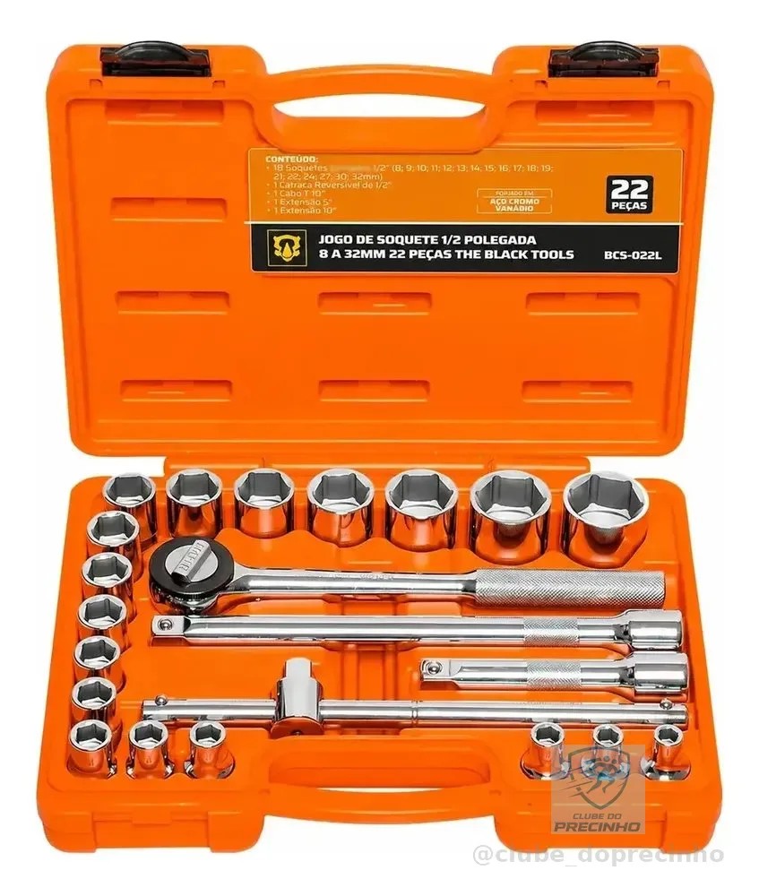 Jogo Kit de Ferramentas Manuais Chave Catraca 1/2 8 a 32mm Cromo Vanádio BCS022L The Black Tools