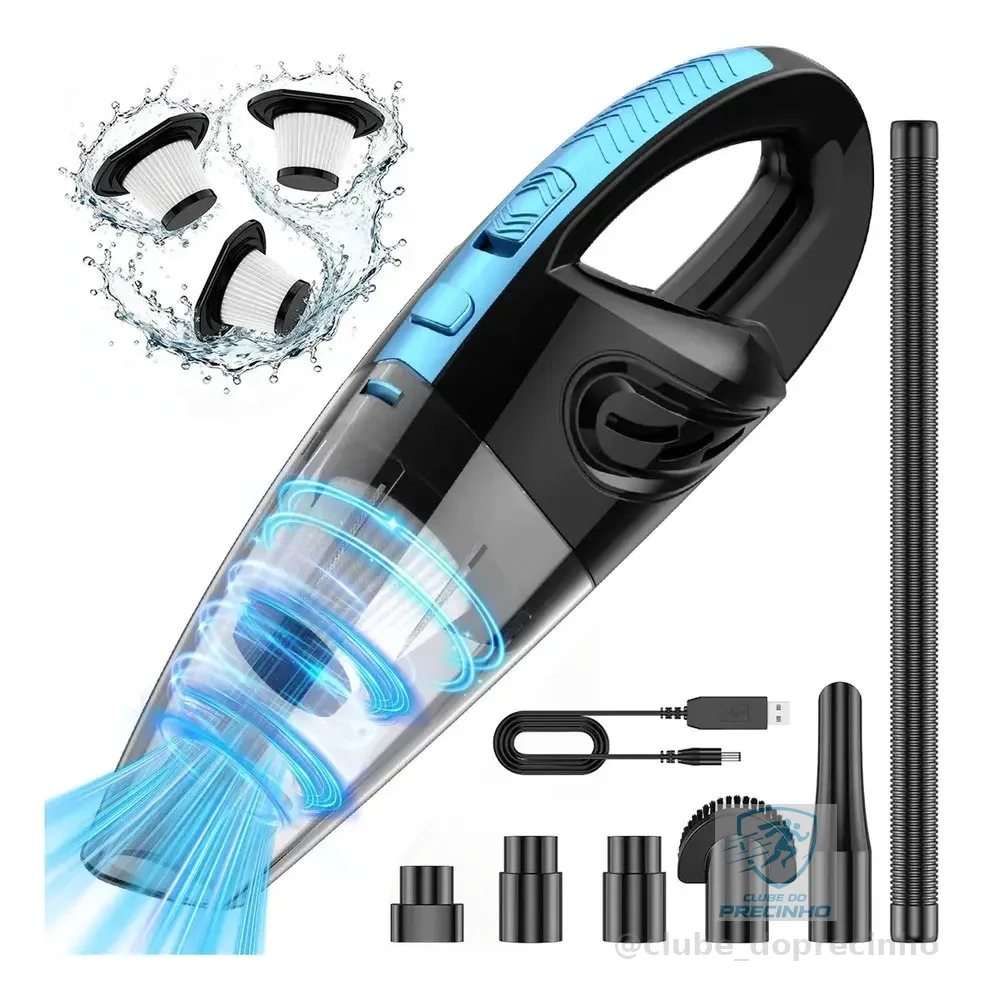 Aspirador de Pó Portátil Sem Fio, Motor Potente 240W, 60000RPM e Sucção 12000Pa, Bateria Recarregável 6000mAh, Aspirador de Mão com 3 Bicos, 3 Filtros Laváveis, 25min Autonomia para Carro Casa Escritó