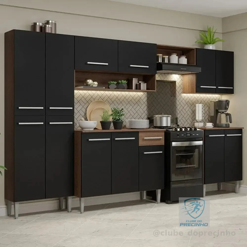 Armário de Cozinha Completa Modulada Compacta Madesa Emilly Balcão Rp Cor Rustic/Preto XAGREM2930017K