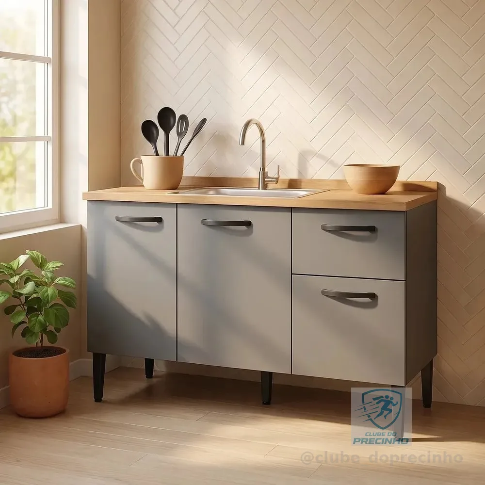 Gabinete De Pia 1,20m Balcão De Cozinha Multiuso 3 Portas Armário De Pia Armário De Cozinha 120cm Organizador Para Pia Cor Branco Ideal Para Cozinha Compacta E Área De Serviço Porta Panela Cinza