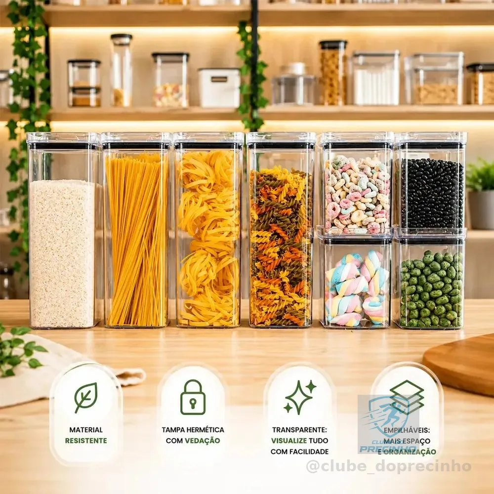 Kit 8 Potes Herméticos Mantimentos Quadrado Cozinha Tampa Vedação Hermética Amobox