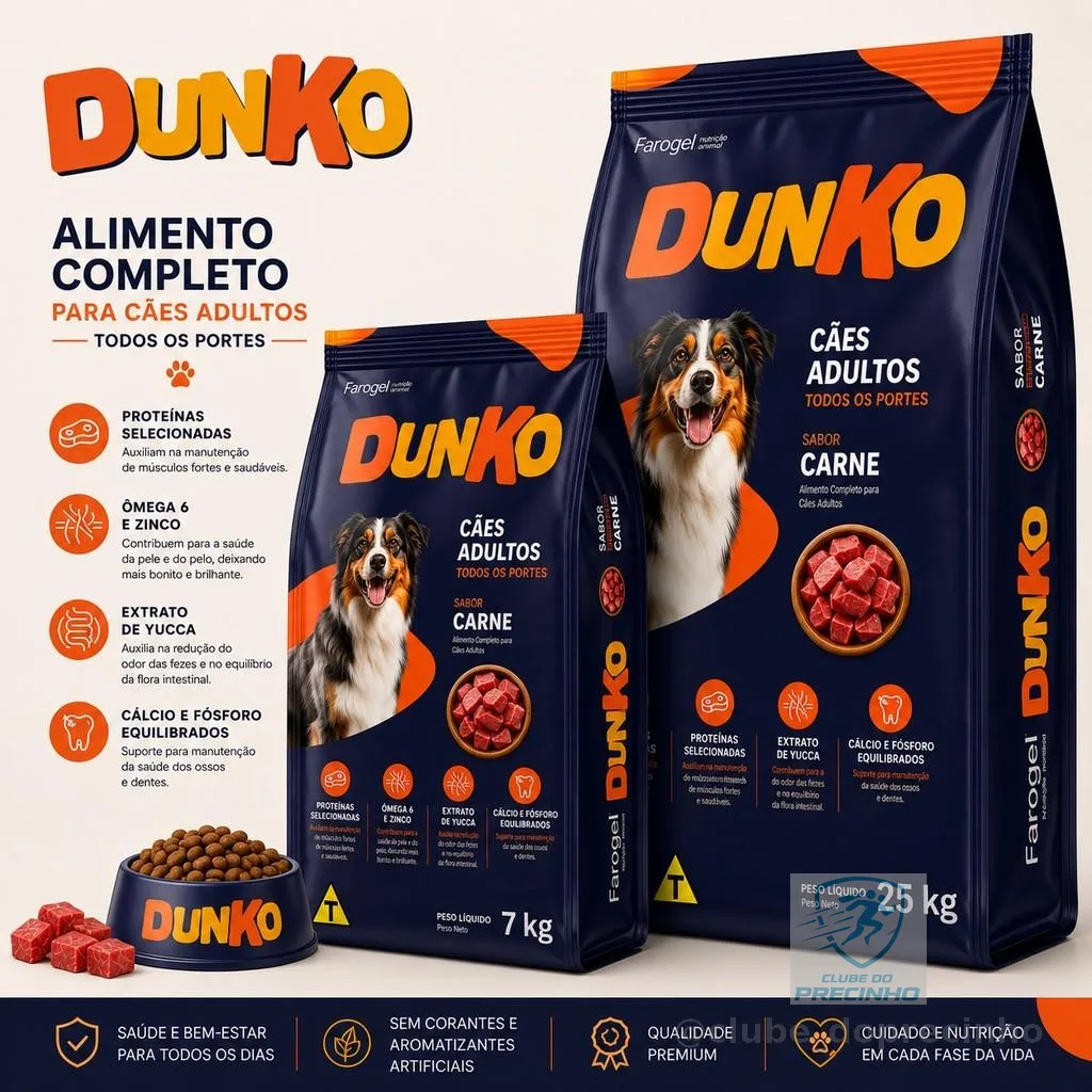 Ração 7 ou 25kg Econômica Para Cão Cachorro Adulto Todas As Raças Sabor Carne Sem Corante Dunko