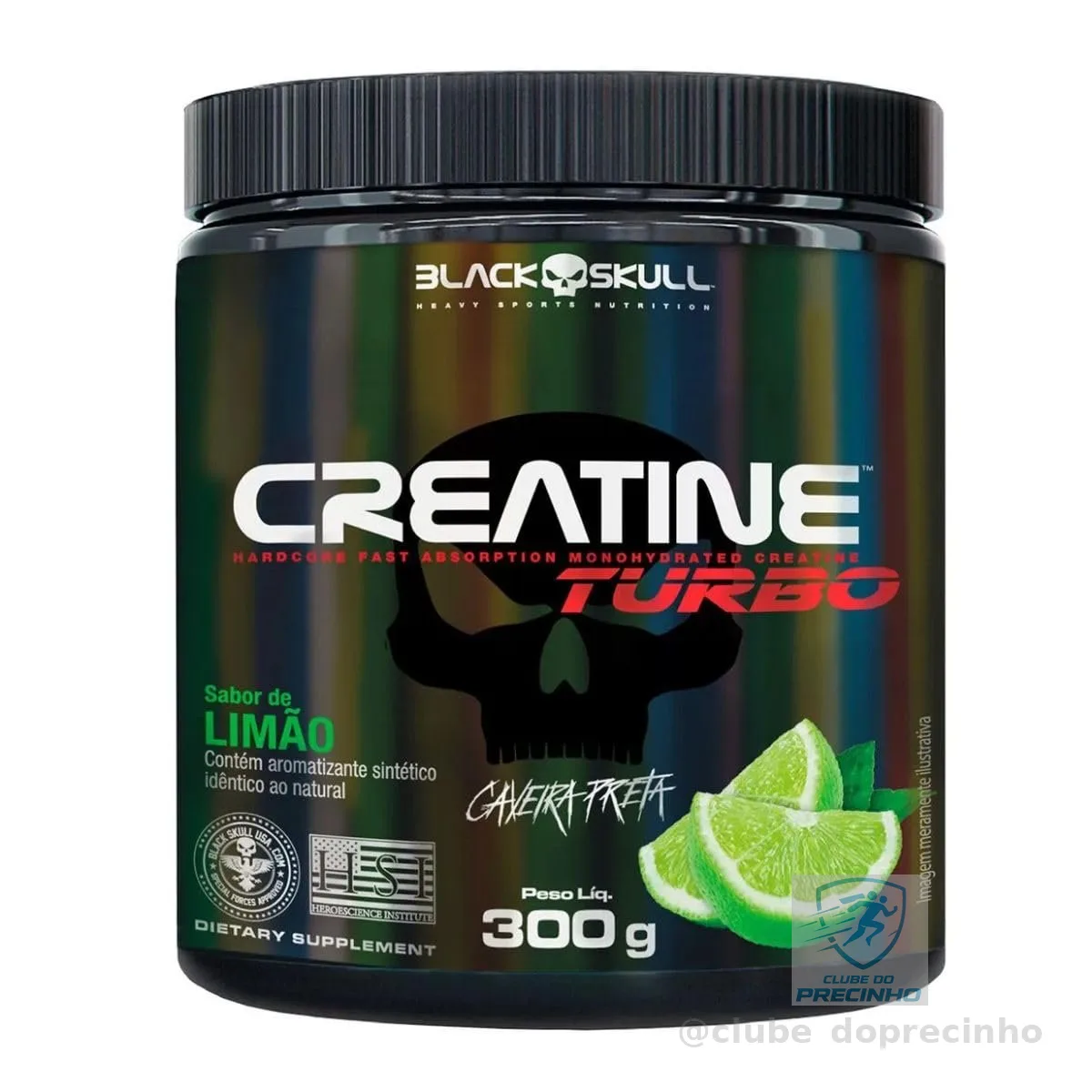 Creatine Turbo BlackSkull - Creatina Monohidratada em pó, com carboidrato para melhor absorção e performance (300g Pote, Limão)
