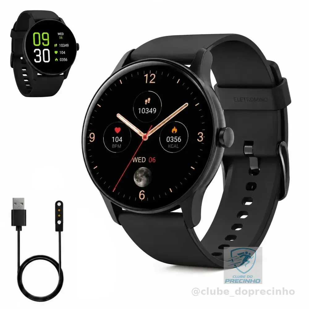 Smartwatch Inteligente Relógio À Prova Dágua Ip68 Bluetooth Masculino Feminino Resistente Agua Chamadas Redondo Monitoramento Sono Saúde Esporte Preto Eletromind