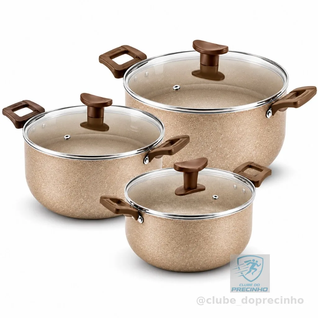 Kit com 3 Caçarolas Antiaderentes  Varias Cores – Inclui Panela Grande  com Tampas de Vidro Temperado+brinde Talher
