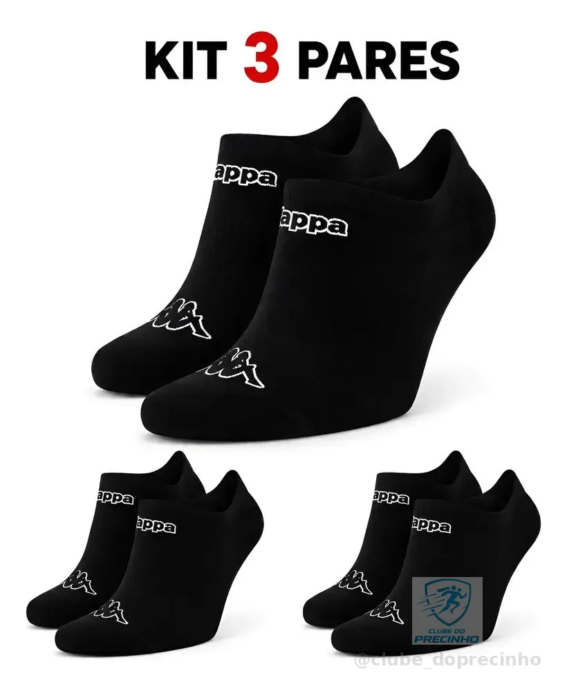 Kit 3 Pares Meias Kappa Sapatilha Soquete Invisível Original Preto 34-38