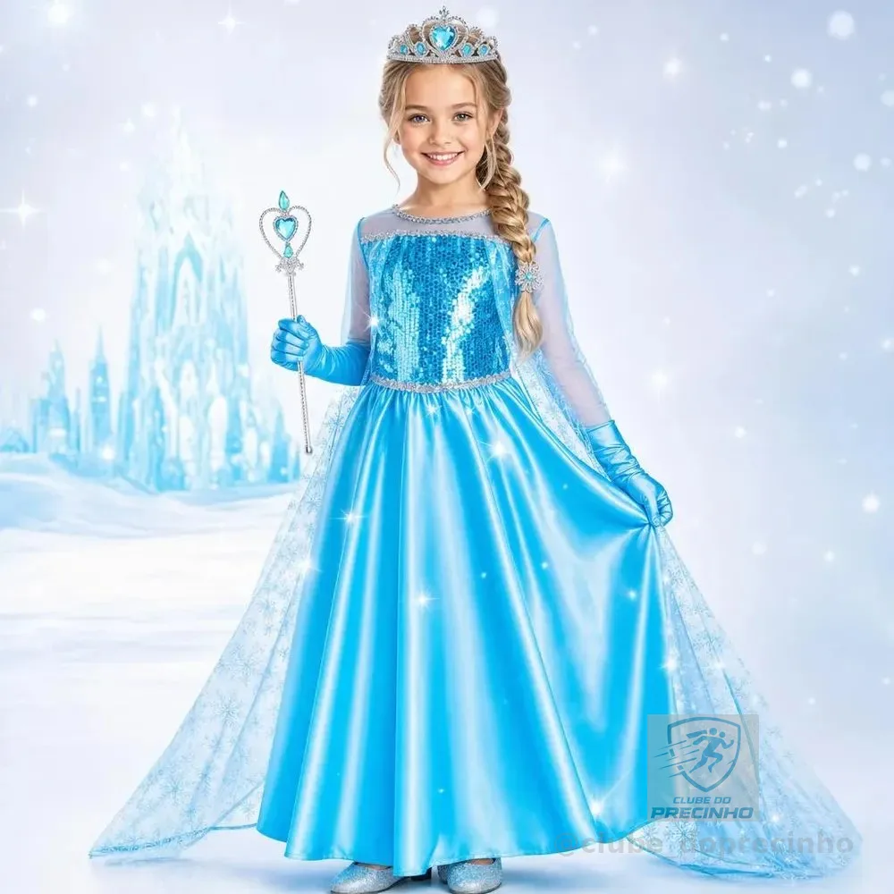 Fantasia Frozen Infantil Vestido Luxo Elsa Com Acessórios Azul Luxo M - 5 A 6 Anos
