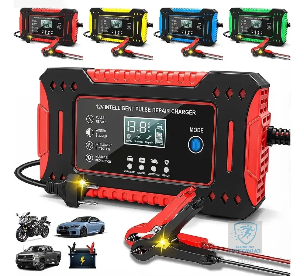 aweshine Carregador inteligente de bateria automotivo 12V portátil, para carro, moto, caminhão e bateria estacionária vermelho