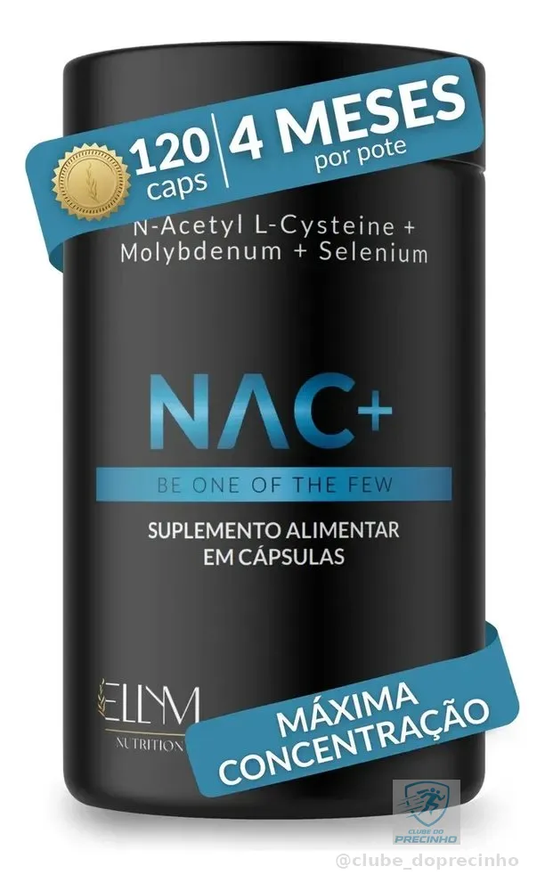 NAC 600 mg Acetilcisteina Molibdênio Selênio 120 Cápsulas 4 Meses N-acetil L-cisteína Máxima Concentração Pureza Essencial Precursor Glutationa Sem Sabor Ellym Nutrition