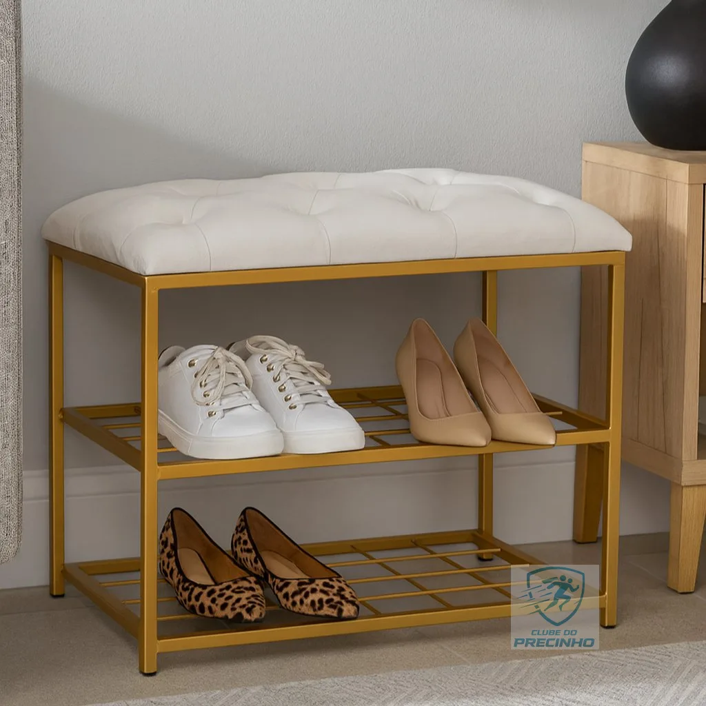 Sapateira Banco 2 Andares 47x30x60cm Metal Dourado com Assento Estofado Veludo Organizador