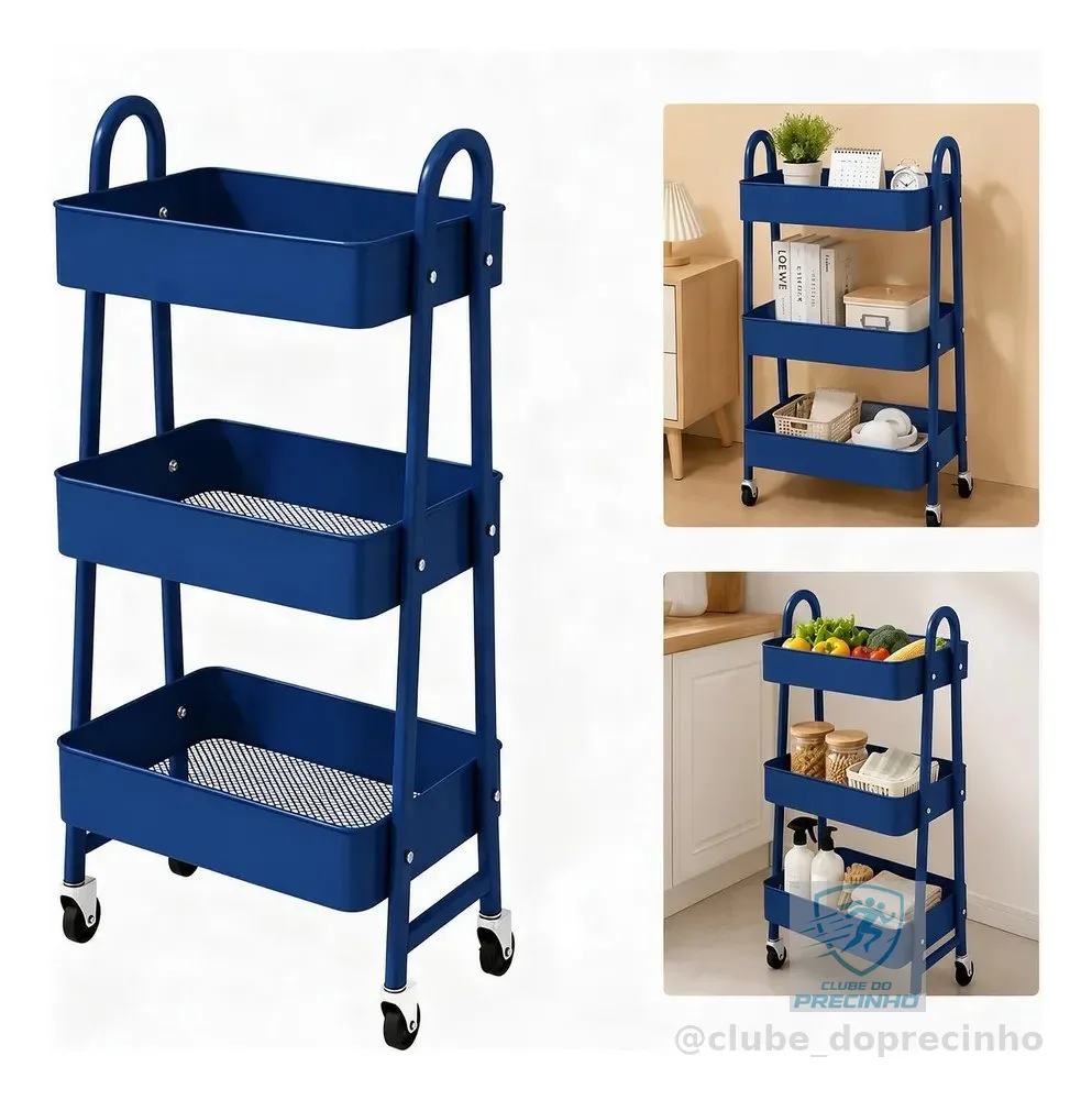 Carrinho Organizador Multiuso 3 Prateleiras Com Rodinhas Azul Tiffany