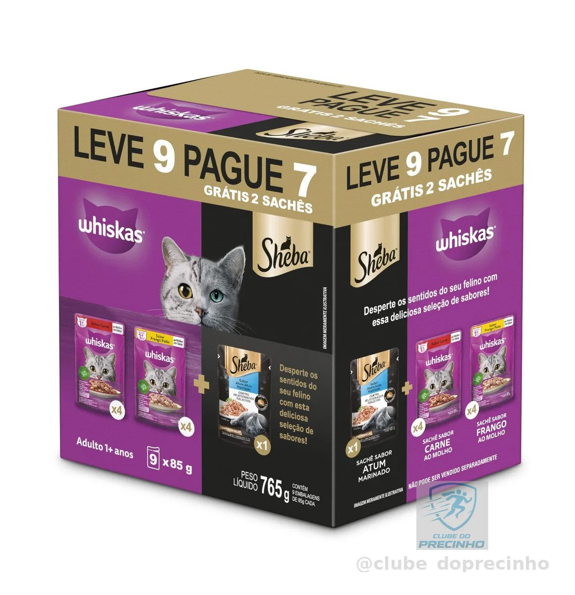 Pack Ração Úmida Whiskas Sachê Carne/Frango e Sheba Atum para Gatos Adultos - Leve 9 Pague 7