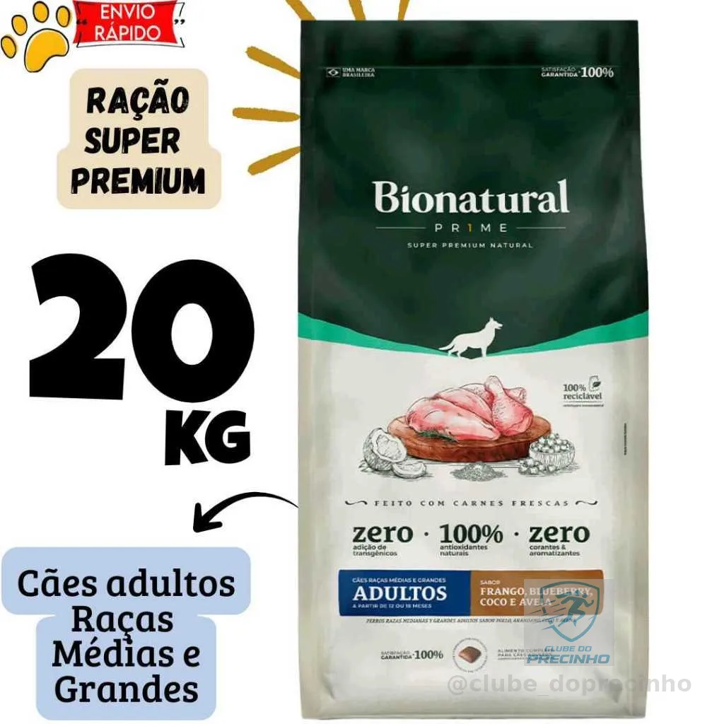 Ração Bionatural Prime Super Premium Natural 20kg Cães Adultos Raças Médias e Grandes Frango