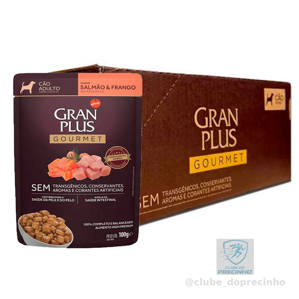 Caixa 18un Ração Úmida Sachê GranPlus Gourmet Cães Adultos Salmão e Frango 100g