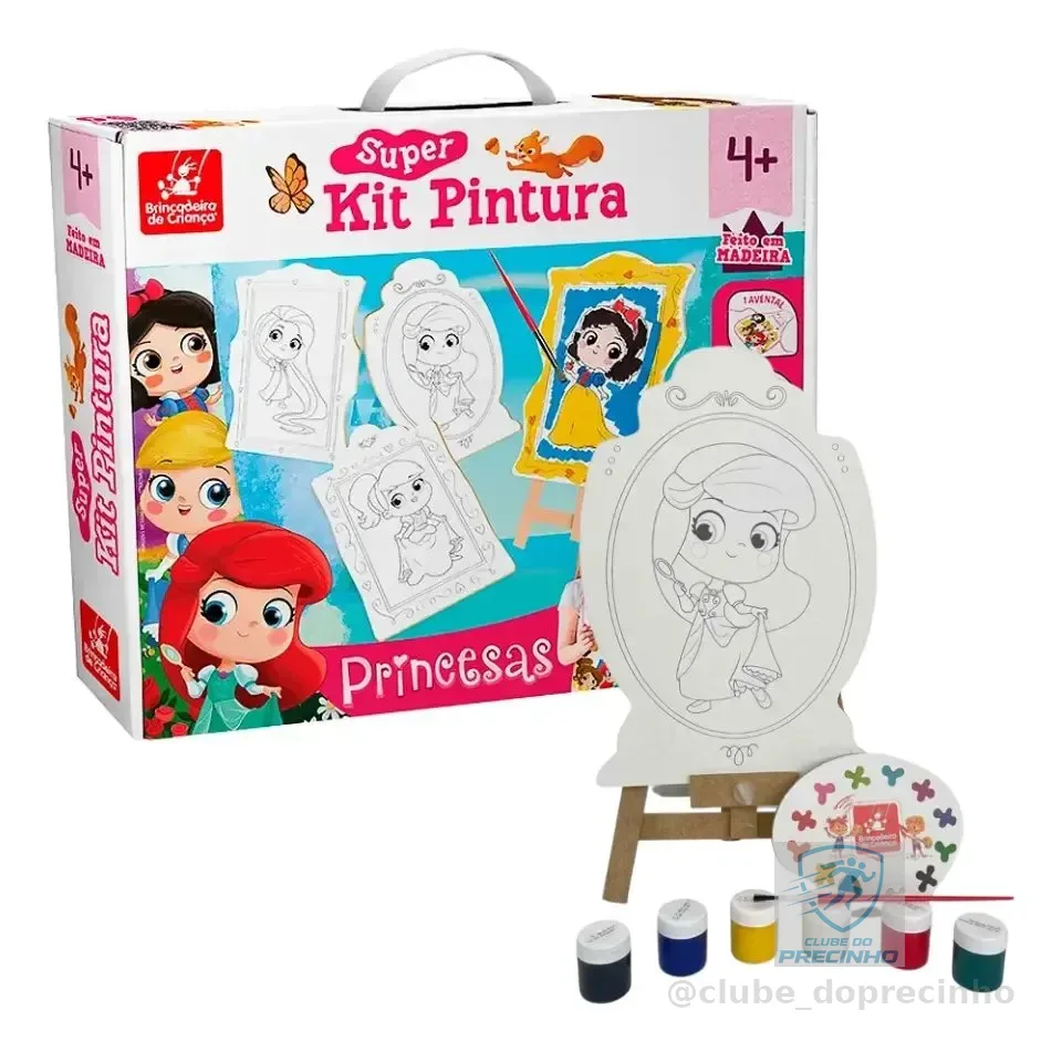 Super Kit Pintura Princesas C/ 4 Telas + Cavalete + 6 Tintas