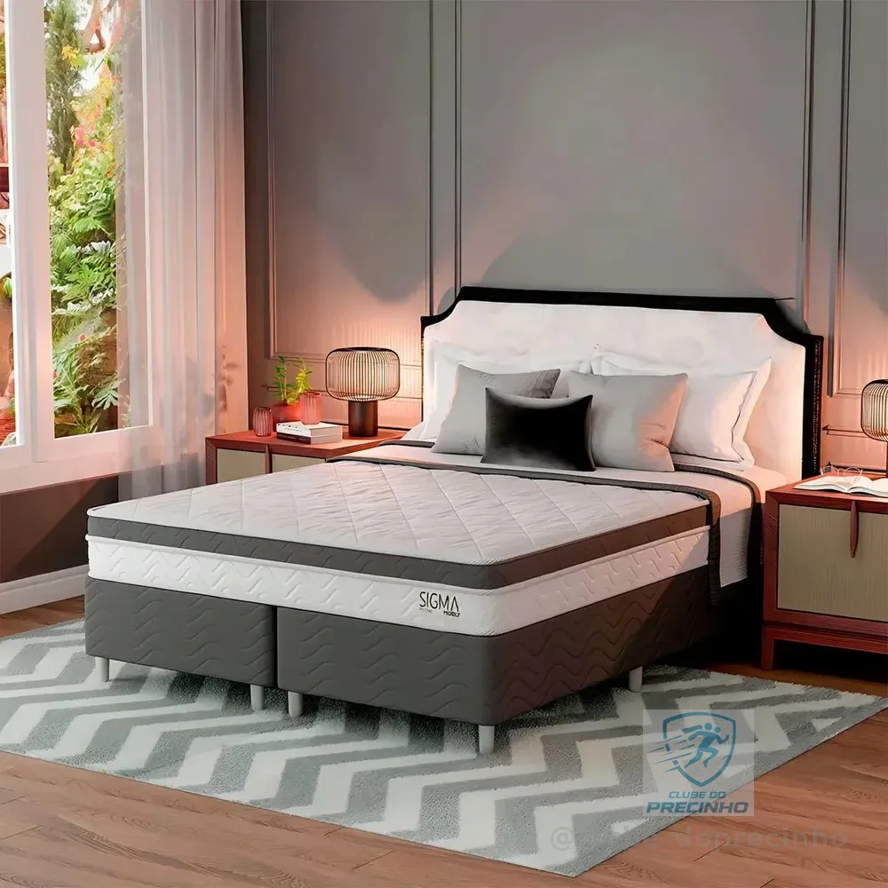 Cama Box Queen Modern Sigma Branco com Colchão Molas Ensacadas Euro Pillow