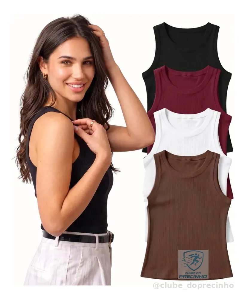 Kit 4 Blusa Regata Canelada Feminina Nadador Moda Básica Preto/marrom/vinho/branco Liso G