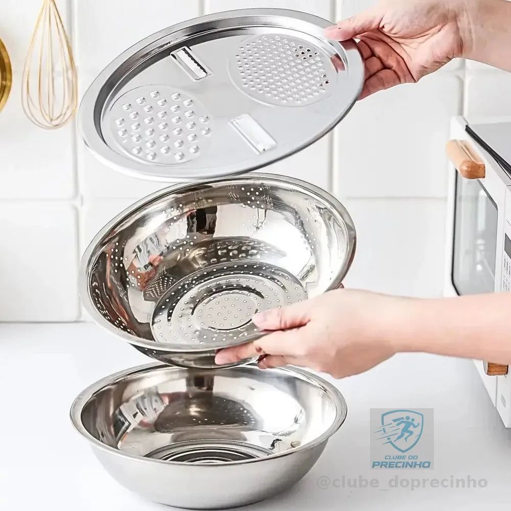 Bowl Kit 3 Em 1 Escorredor Massa Macarrão Ralador Inox Prateado
