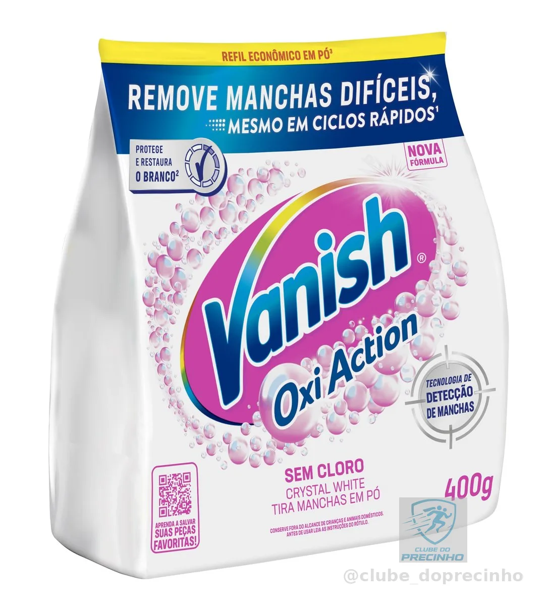 Tira Manchas em Pó Vanish Oxi Action Crystal White Refil 400g para Roupas Brancas, Sem Cloro, com Percarbonato, Remove Manchas Difíceis e Deixa o Branco Até 5 Tons Mais Branco
