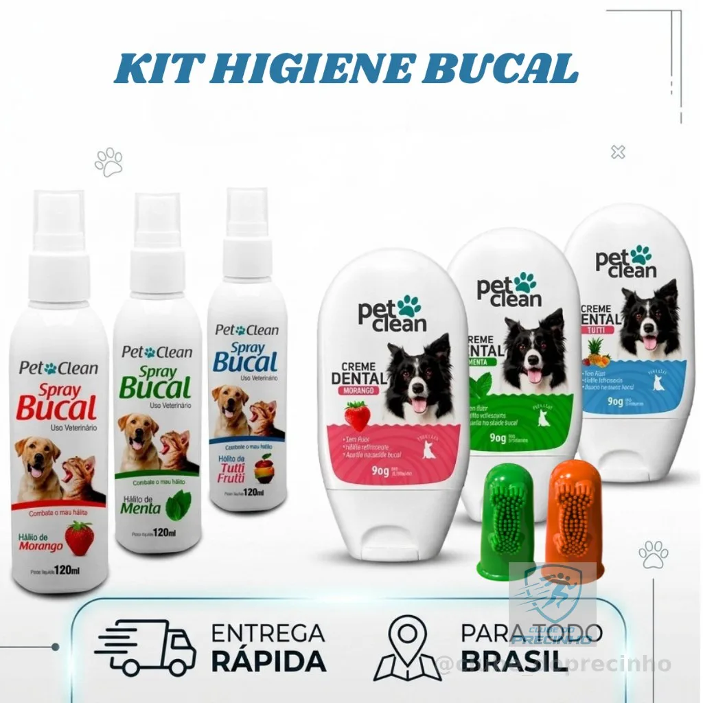 Kit Higiene Dental Pet Clean Cães e Gatos Spray Dedeira e Creme Dental Morango, Menta e Tutti Frutti